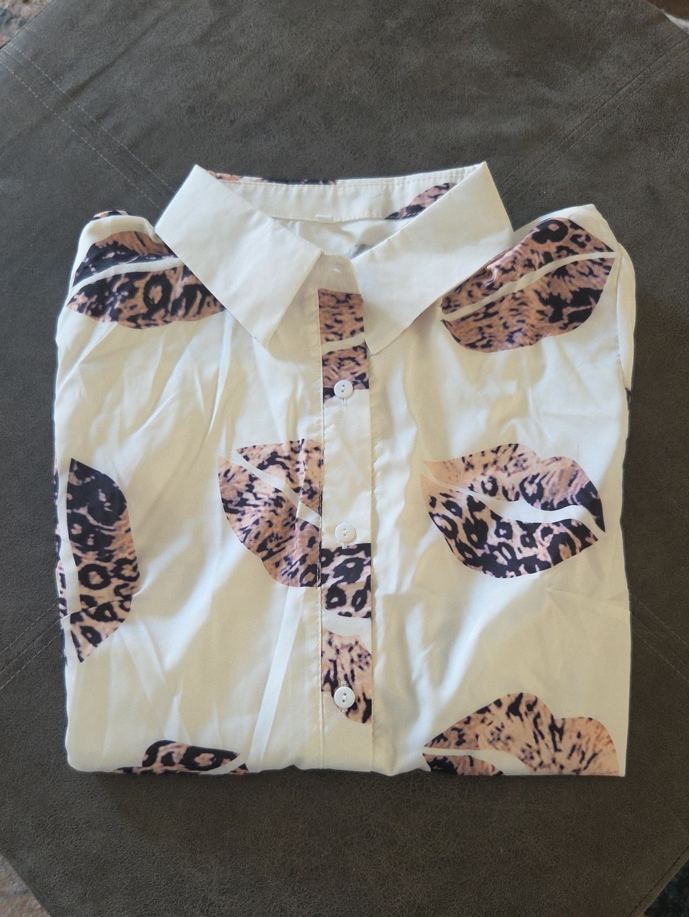 White Button-Up Shirt with Pink Leopard Lip Print